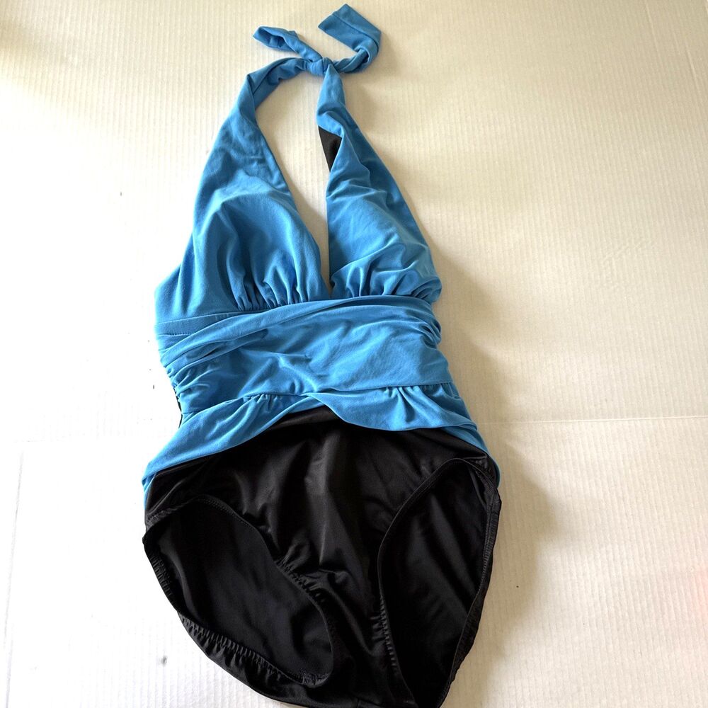 Magic Swim Suit Womens ?Sz 8 One Piece Blue/Black Halter Ruched Soft Cup Slimmi